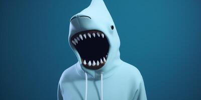 A shark in a hoodies that says shark photo