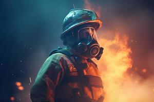 Working fireman with helmet. Generate Ai photo