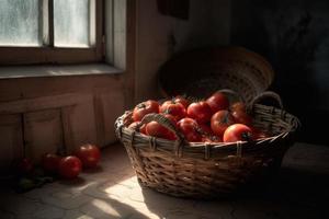 Tomato basket table. Generate Ai photo