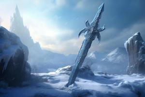Frozen magical sword. Generate Ai photo