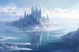 Castle city on ice island. Generate Ai photo