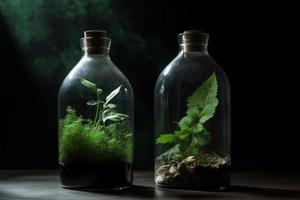 vaso botella con verde ecosistema. generar ai foto