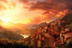 Italian town in sunset. Generate Ai photo