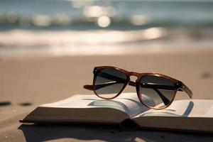 Sunglasses book on beach. Generate Ai photo