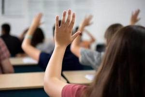 estudiante elevado mano aula. generar ai foto