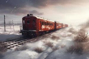 Train winter field. Generate Ai photo