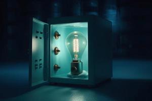 Safe box with bulb lamp. Generate Ai photo