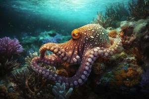 Octopus underwater reef. Generate Ai photo