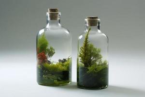 Glass bottle with green ecosystem decor. Generate Ai photo