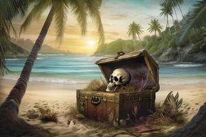 Opened pirate chest on beach. Generate Ai photo