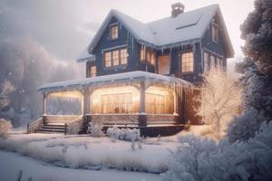 Winter home with light. Generate Ai photo