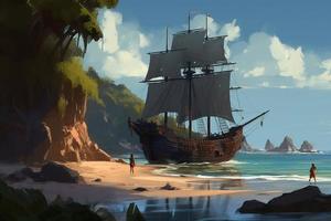 Pirate ship on tropical beach. Generate Ai photo