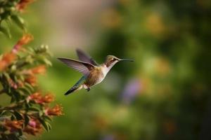 Flying hummingbird near flower. Generate Ai photo
