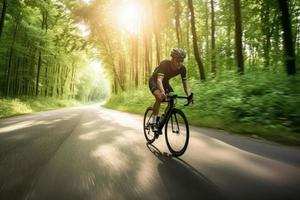 hombre bosque ciclismo. generar ai foto