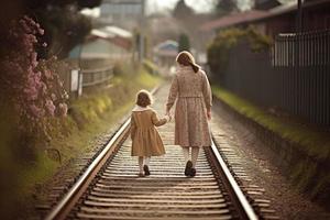 Mother and girl walk on rails. Generate Ai photo