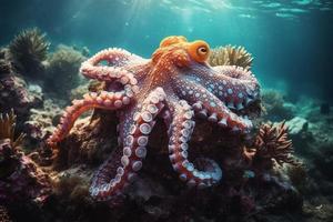 Octopus underwater daylight. Generate Ai photo