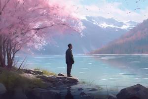 Man stand at japanese scenery. Generate Ai photo