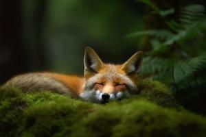 Forest sleeping fox. Generate Ai photo