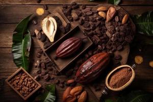 cacao vaina productos en mesa. generar ai foto