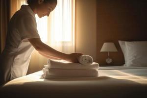 Female housekeeper clean towel. Generate Ai photo