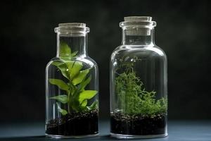 Glass bottle with green ecosystem flora. Generate Ai photo
