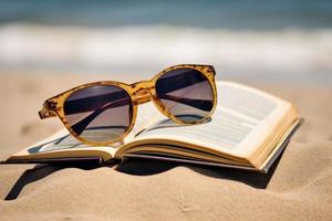 Sunglasses on book sand beach. Generate Ai photo