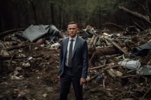 Businessman in suit stands in forest. Generate Ai photo