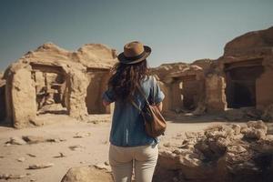 Woman explores ruins. Generate Ai photo