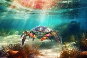 Crab underwater daylight. Generate Ai photo