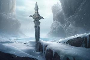 Frozen sword stuck in stone. Generate Ai photo