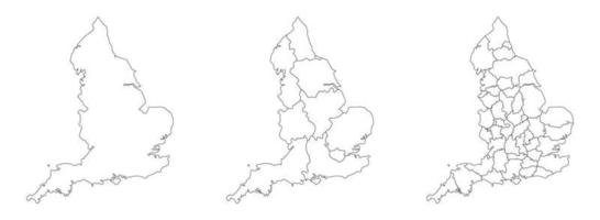 Inglaterra mapa conjunto de blanco negro contorno y administraciones regiones mapa vector