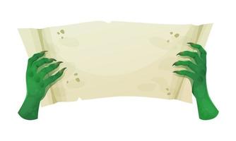 Green zombie hands holding paper scroll. Vector illustration