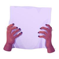 Creepy fingers holding piece of white paper, cartoon vector design.