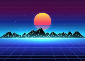 retro paisaje horizonte con neón ,rayo de luz, red, puesta de sol y montañas. ciencia ficción, futurista ilustración. microondas, sintetizador o onda de vapor Años 80 90's geomérico y nostálgico gráfico diseño. vector