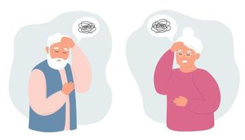 An elderly man and women suffers from migraine, confusion, memory loss, dementia. Mental age-related diseases. Vector flat graphics.