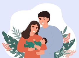 A young happy married couple of parents with a child in their arms. Mother and father hug each other together with their son. Vector graphics.