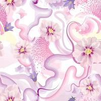 Abstract wavy lines and flowers. Beautiful seamless watercolored floral texture. Endless pattern in bright spring style with flower bloom. Flowing waves flourish abstraction vector