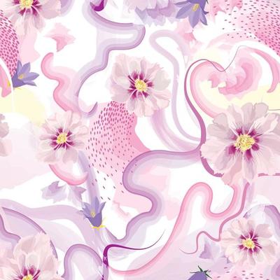 Abstract wavy lines and flowers. Beautiful seamless watercolored floral texture. Endless pattern in bright spring style with flower bloom. Flowing waves flourish abstraction