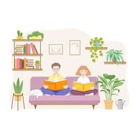girl and a guy are reading books while sitting on a couch surrounded by potted flowers. The concept of a healthy atmosphere in the apartment, comfortable to live in, thanks to the many indoor plants. vector