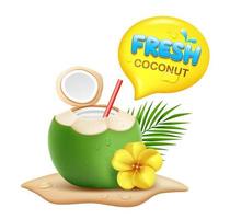 Coconuts fruit fresh and flower, coconut leaf realistic pile of sand, water drop and yellow speech bubble, isolated on white background, EPS 10 vector illustration