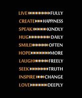 LIVE FULLY, CREATE HAPPINESS, SPEAK KINDLY, HUG DAILY, SMILE OFTEN, HOPE MORE, LAUGH FREELY, SEEK TRUTH, INSPIRE CHANGE, LOVE DEEPLY. T-SHIRT DESIGN. PRINT TEMPLATE.TYPOGRAPHY VECTOR