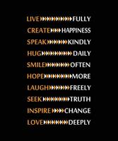 LIVE FULLY, CREATE HAPPINESS, SPEAK KINDLY, HUG DAILY, SMILE OFTEN, HOPE MORE, LAUGH FREELY, SEEK TRUTH, INSPIRE CHANGE, LOVE DEEPLY. T-SHIRT DESIGN. PRINT TEMPLATE.TYPOGRAPHY VECTOR