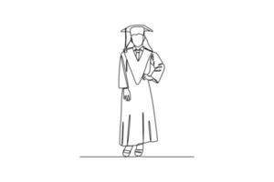 Continuous one line drawing happy male or female student using graduation gowns and caps. Graduation concept. Single line draw design vector graphic illustration.