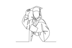 continuo uno línea dibujo contento masculino o hembra estudiante utilizando graduación vestidos y tapas. graduación concepto. soltero línea dibujar diseño vector gráfico ilustración.