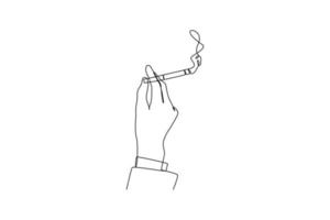 Single one line drawing hand hold tobacco cigarette. No tobacco day concept. Continuous line draw design graphic vector illustration.