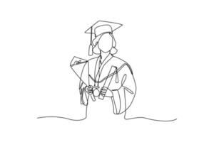 Continuous one line drawing happy male or female student using graduation gowns and caps. Graduation concept. Single line draw design vector graphic illustration.