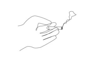 Single one line drawing hand hold tobacco cigarette. No tobacco day concept. Continuous line draw design graphic vector illustration.