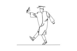 Continuous one line drawing happy male or female student using graduation gowns and caps. Graduation concept. Single line draw design vector graphic illustration.