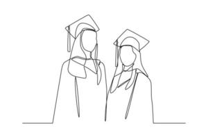 Continuous one line drawing happy male or female student using graduation gowns and caps. Graduation concept. Single line draw design vector graphic illustration.