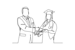 Continuous one line drawing happy male or female student using graduation gowns and caps. Graduation concept. Single line draw design vector graphic illustration.